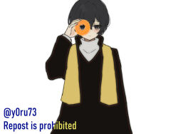 Rule 34 | 1boy, black coat, black eyes, black hair, closed mouth, coat, donut hole (vocaloid), doughnut, expressionless, food, hand up, holding, holding food, limbus company, long hair, long sleeves, looking at viewer, parody, project moon, simple background, solo, stole, upper body, very long hair, white background, y0ru73, yi sang (project moon)
