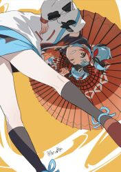 Rule 34 | 1girl, bent over, black hair, black socks, blue hair, fate/grand order, fate (series), from behind, holding, holding umbrella, jacket, legs, looking at viewer, multicolored hair, oil-paper umbrella, one eye closed, orange background, red hair, sei shounagon (fate), smile, socks, solo, soshin (siriusalpc), twintails, two-tone background, umbrella, white jacket, yellow eyes