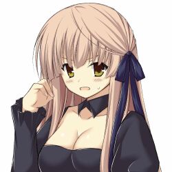 Rule 34 | 1girl, asagi nanami, black collar, black dress, black ribbon, blunt bangs, blush, breasts, cleavage, close-up, collar, collarbone, commentary, detached collar, dress, eyebrows hidden by hair, eyelashes, frown, hair ribbon, hand up, juliet sleeves, large breasts, light brown hair, long hair, long sleeves, looking at viewer, official alternate costume, open mouth, puffy sleeves, rewrite, ribbon, senri akane, sidelocks, simple background, solo, straight hair, sweatdrop, v-shaped eyebrows, white background, yellow eyes