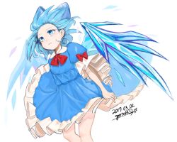 Rule 34 | 1girl, artist name, bad id, bad twitter id, bare arms, bare legs, blue bow, blue eyes, blue hair, blue skirt, blue wings, bow, cirno, closed mouth, colored eyelashes, dated, floating hair, forehead, frilled skirt, frilled sleeves, frills, gotou (nekocat), hair bow, highres, ice, ice wings, red bow, red neckwear, signature, simple background, skirt, skirt set, solo, touhou, white background, wind, wings