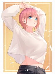 Rule 34 | 1girl, :o, absurdres, arms up, black pants, blue eyes, breasts, commentary request, go-toubun no hanayome, highres, large breasts, long sleeves, looking at viewer, midriff peek, nakano ichika, pants, pink hair, shirt, short hair, simple background, smile, solo, to gemichi, white shirt
