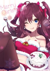 Rule 34 | 1girl, :3, ahoge, bare shoulders, bell, belt, blue eyes, blush, breasts, brown gloves, brown hair, brown thighhighs, cake, chocolate cake, christmas, cleavage, collarbone, earrings, elbow gloves, eyelashes, food, fork, fur trim, garter straps, gloves, haikimono shounen, hair between eyes, hair ribbon, ichinose shiki, icing, idolmaster, idolmaster cinderella girls, jewelry, jingle bell, licking lips, lipstick mark, long hair, looking at viewer, medium breasts, merry christmas, midriff, navel, necklace, one eye closed, plate, red ribbon, red skirt, ribbon, skirt, smile, snowflakes, solo, thighhighs, tongue, tongue out, two side up, wavy hair