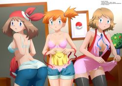 Rule 34 | 3girls, ass, bike shorts, black thighhighs, bra, breasts, brown hair, character name, cleavage, clothes lift, copyright notice, creatures (company), derivative work, dress, dress lift, game freak, head scarf, large breasts, leaning forward, looking at viewer, may (pokemon), misty (pokemon), multiple girls, nintendo, orange hair, panties, pink panties, poke ball, pokemon, pokemon (anime), pokemon (classic anime), pokemon rse (anime), self-upload, serena (pokemon), short hair, side ponytail, suspenders, tagme, thighhighs, underwear, undressing, zel-sama