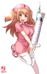 Rule 34 | 1girl, alternate costume, artist logo, blush, breasts, brown eyes, collared dress, dated, dress, hat, highres, i-26 (kancolle), kanon (kurogane knights), kantai collection, large breasts, light brown hair, long hair, looking at viewer, nurse, nurse cap, open mouth, pink dress, sandals, short dress, short sleeves, signature, simple background, smile, solo, standing, standing on one leg, syringe, thighhighs, two side up, white background, white thighhighs