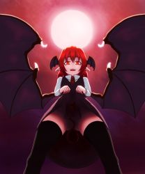 Rule 34 | 1girl, bad id, bad pixiv id, bat wings, black thighhighs, censored, clothes lift, convenient censoring, demon tail, demon wings, female focus, from below, full moon, head wings, highres, koakuma, kurou (sisoaoi), looking at viewer, looking down, moon, necktie, no panties, open mouth, pointy ears, red eyes, red hair, sisoaoi, skirt, skirt lift, solo, standing, tail, tail censor, thighhighs, touhou, upskirt, wings