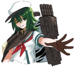 Rule 34 | 1girl, akagi kurage, black cloak, brown gloves, cloak, cropped torso, eyepatch, gloves, green eyes, green hair, green sailor collar, hair between eyes, hat, kantai collection, kiso (kancolle), looking at viewer, neckerchief, outstretched arm, parted lips, peaked cap, red neckerchief, sailor collar, shirt, short sleeves, simple background, smile, solo, torpedo tubes, upper body, white background, white hat, white shirt