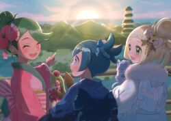 Rule 34 | 3girls, :d, abe (kumayu), alolan form, alolan vulpix, blonde hair, blue eyes, blue hair, blue kimono, blush, character hair ornament, closed eyes, commentary request, creatures (company), day, eevee, eyelashes, fence, flower, freckles, game freak, gen 1 pokemon, gen 7 pokemon, green eyes, green hair, hair flower, hair ornament, hairband, highres, japanese clothes, kimono, lana (pokemon), lillie (pokemon), mallow (pokemon), multiple girls, nintendo, open mouth, outdoors, pink flower, pink kimono, pointing, pokemon, pokemon (anime), pokemon (creature), pokemon sm (anime), ribombee, short hair, smile, swept bangs, teeth, tower, tsareena, upper teeth only, yellow hairband