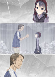 Rule 34 | 10s, blue eyes, dress, hanasaki jin, hat, holding, holding umbrella, jizou ami, mizuki makoto, no eyes, ookami-san, rain, umbrella