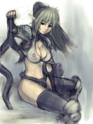 Rule 34 | 00s, 1girl, armor, black eyes, black hair, black thighhighs, breasts, cleavage, curvy, dyed bangs, echidna (queen&#039;s blade), echidna (queen's blade), fumio (rsqkr), green hair, grey hair, large breasts, long hair, midriff, multicolored hair, pointy ears, ponytail, queen&#039;s blade, revealing clothes, sitting, sketch, solo, sword, thighhighs, two-tone hair, veteran mercenary echidna, weapon