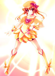 Rule 34 | 10s, 1girl, bad id, bad pixiv id, boots, bow, brooch, brown eyes, brown hair, cure sunshine, hair ornament, hand on own hip, heart, heart brooch, heartcatch precure!, hip focus, knee boots, long hair, magical girl, myoudouin itsuki, orange skirt, orange theme, precure, short hair, shorts, skirt, solo, teruui, yellow background