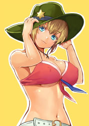 Rule 34 | 10s, 1girl, armpits, bare arms, bare shoulders, belt, bikini, bikini top only, blonde hair, blue eyes, breasts, cleavage, cowboy hat, covered erect nipples, female focus, front-tie top, hat, kibamigohann, large breasts, light smile, looking at viewer, monster strike, navel, red bikini, short hair, simple background, smile, solo, star (symbol), swimsuit, underboob, upper body, yellow background