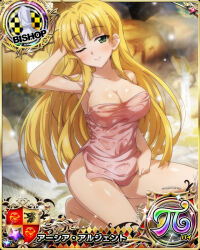 Rule 34 | 1girl, ahoge, asia argento, bishop (chess), blonde hair, breasts, card (medium), chess piece, cleavage, female focus, green eyes, high school dxd, kneeling, large breasts, long hair, looking at viewer, naked towel, official art, one eye closed, smile, solo, towel, wink