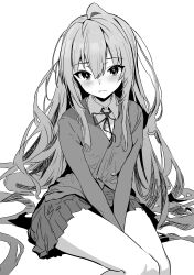 Rule 34 | 1girl, absurdres, aisaka taiga, closed mouth, commentary request, greyscale, highres, long hair, long sleeves, looking at viewer, metsu end, monochrome, oohashi high school uniform, ribbon, school uniform, simple background, sitting, skirt, solo, thick thighs, thighs, toradora!, very long hair, white background
