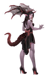 Rule 34 | 1girl, absurdres, backless dress, backless outfit, bare shoulders, black dress, black nails, brown eyes, dragon girl, dragon tail, dress, fingernails, full body, head wings, high heels, highres, horns, long hair, looking at viewer, looking back, monster girl, nail polish, original, parted lips, pointy ears, simple background, solo, standing, tail, white background, wings, xue qi ye (dndtmbdue)