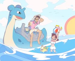 Rule 34 | 1boy, 1girl, alternate costume, bad id, bad twitter id, ball, barefoot, beachball, bikini, blush, bracelet, brown hair, cerise (pokemon), chloe (pokemon), closed eyes, cloud, collared shirt, commentary, creatures (company), drinking straw, english commentary, father and daughter, galarian form, galarian slowpoke, game freak, gen 1 pokemon, gen 8 pokemon, glass, glasses, hat, highres, holding, jewelry, lapras, liquid, long hair, looking at another, nintendo, omanyte, open mouth, pink ribbon, pokemon, pokemon (anime), pokemon (creature), pokemon journeys, ribbon, riding, riding pokemon, saturday (hokawazu), shirt, short hair, short sleeves, shorts, sky, smile, swimsuit, teeth, toes, tongue, wading, water, white bikini, white shorts, yamper