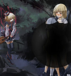 Rule 34 | 3girls, angry, aura, blonde hair, blush, grabbing another&#039;s breast, bridge, censored, convenient censoring, darkness, detached sleeves, ex-rumia, grabbing, hand on another&#039;s head, hat, hat ornament, height difference, instrument, jealous, konpaku youmu, lunasa prismriver, multiple girls, mundane utility, night, aged up, open clothes, open shirt, red eyes, ribbon, rumia, shaded face, shadow, shirt, short hair, silver hair, skirt, skirt around one leg, thighhighs, touhou, tree, violin, yandere, yohane, yuri