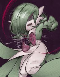 Rule 34 | 1girl, arm up, blood, blood from mouth, bob cut, broken, colored skin, creatures (company), female focus, flat chest, game freak, gardevoir, gen 3 pokemon, green hair, green skin, hair over eyes, injury, leg up, lotosu, multicolored skin, nintendo, open mouth, pokemon, pokemon (creature), purple background, shatter, short hair, sidelocks, simple background, solo, standing, standing on one leg, string of fate, teeth, two-tone skin, white skin