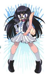 Rule 34 | 1girl, black hair, blazer, emphasis lines, eyebrows, gashi-gashi, glasses, hand on own hip, heart, heart in mouth, jacket, loafers, long hair, pigeon-toed, pointing, pointing at viewer, purple eyes, school uniform, semi-rimless eyewear, shoes, skirt, socks, solo, under-rim eyewear