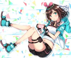 Rule 34 | 1girl, :o, bad id, bad pixiv id, belt, belt buckle, black belt, black shorts, black socks, blue footwear, blue jacket, blush, boots, brown hair, buckle, cellphone, collarbone, fingerless gloves, full body, gloves, green eyes, hairband, headphones, headphones around neck, holding, holding phone, hood, hooded jacket, jacket, kizuna ai, kizuna ai (a.i. games), kizuna ai inc., looking at viewer, midriff, minatovtuber, multicolored hair, navel, official alternate costume, open clothes, open jacket, phone, pink hairband, shirt, short hair, short shorts, shorts, sleeveless, sleeveless shirt, smartphone, socks, solo, stomach, strapless, strapless shirt, streaked hair, swept bangs, thigh strap, virtual youtuber, white shirt