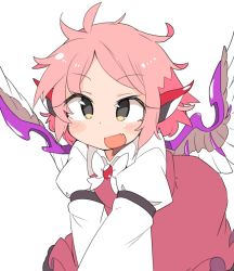 Rule 34 | animal ears, blush stickers, brown dress, commentary request, dress, feathered wings, grey eyes, ini (inunabe00), leaning forward, long sleeves, messy hair, mystia lorelei, no headwear, no headwear, open mouth, pink hair, shirt, short hair, simple background, smile, solo, touhou, white background, white shirt, wings