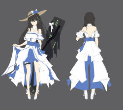 Rule 34 | absurdres, bare arms, bare back, bare legs, bare shoulders, black hair, bow, breasts, brown eyes, brown headwear, clothes lift, commentary request, dress, dress bow, dress lift, footwear bow, frilled dress, frilled legwear, frilled sleeves, frills, from behind, girls&#039; frontline, green hair, green headwear, hat, hat bow, head tilt, headphones, high heels, highres, large breasts, lifted by self, long hair, looking at viewer, m4a1 (girls&#039; frontline), m4a1 (mod3) (girls&#039; frontline), mod3 (girls&#039; frontline), multicolored hair, partial commentary, ribbed dress, smile, strapless, strapless dress, straw hat, thigh strap, waistband, weapon case, white dress, white footwear, wjn-rance