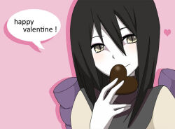 Rule 34 | artemis-girl, black hair, blush, candy, chocolate, chocolate heart, eyeliner, food, heart, holding, holding chocolate, holding food, long hair, looking at viewer, makeup, naruto (series), naruto shippuuden, orochimaru (naruto), pale skin, pink background, rope belt, slit pupils, smile, speech bubble, valentine&#039;s day, yellow eyes