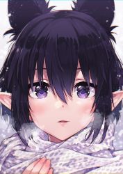 Rule 34 | 1girl, animal ears, black hair, close-up, commentary request, fingernails, hair between eyes, highres, looking at viewer, mano (narumi arata), narumi arata, original, parted lips, pointy ears, portrait, purple eyes, revision, scarf, short hair, smile, solo, white scarf