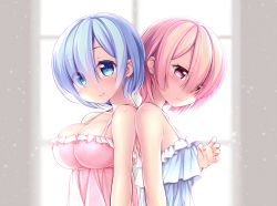 Rule 34 | 10s, 2girls, arm at side, backpack, bag, bare arms, blue eyes, blue hair, blush, breast envy, breasts, camisole, colored eyelashes, eyebrows, from side, hair over one eye, large breasts, light particles, looking at viewer, medium breasts, multiple girls, nullken, palms, pink hair, pout, ram (re:zero), re:zero kara hajimeru isekai seikatsu, rem (re:zero), short hair, siblings, sisters, sleeveless, smile, twins, upper body, window