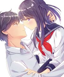 Rule 34 | 1boy, 1girl, black eyes, black hair, blue sailor collar, blue skirt, blush, buttons, collared shirt, dutch angle, eye contact, face-to-face, from side, hair between eyes, hand around neck, hetero, highres, idoly pride, imminent kiss, long hair, long sleeves, looking at another, makino kouhei, nagase mana, neckerchief, one side up, open collar, parted lips, purple eyes, purple hair, raised eyebrows, red neckerchief, sailor collar, shirt, short hair, sidelocks, simple background, skirt, straight hair, swept bangs, teeth, tenmusu (aw hd8), white background, white shirt