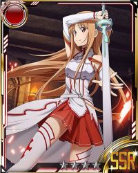 Rule 34 | 10s, 1girl, arm up, armor, asuna (sao), breastplate, brown eyes, brown hair, card (medium), detached sleeves, holding, holding sword, holding weapon, long hair, matching hair/eyes, pleated skirt, red skirt, short hair, skirt, solo, sword, sword art online, thighhighs, weapon, white thighhighs, zettai ryouiki