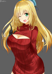 Rule 34 | 10s, 1girl, ;d, arm behind back, atago (kancolle), beret, black gloves, blonde hair, blush, breasts, casual, cleavage cutout, clothing cutout, female focus, ffmania7, gloves, green eyes, grey background, hat, highres, index finger raised, isshiki (ffmania7), kantai collection, large breasts, long hair, long sleeves, looking at viewer, meme attire, one eye closed, open-chest sweater, open mouth, ribbed sweater, simple background, smile, solo, sweater, turtleneck, twitter username, upper body