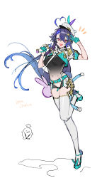Rule 34 | 1girl, :d, absurdres, ahoge, azur lane, belt, blue belt, blue footwear, blue hair, blush, breasts, crossed bangs, fang, foch (azur lane), full body, gloves, gradient hair, hair between eyes, half gloves, hand up, hat, heart, heart ahoge, high heels, highres, holding, holding microphone, large breasts, long hair, looking at viewer, microphone, multicolored hair, navel, notice lines, ohisashiburi, open mouth, purple hair, red eyes, short shorts, shorts, simple background, skin fang, smile, solo, standing, standing on one leg, thighhighs, v, white background, white hat, white thighhighs
