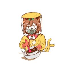 Rule 34 | 1girl, bow, bowtie, brown hair, cat tail, chen, chocolate making, commentary request, gloves, green hat, hair between eyes, hat, hazmat suit, holding, holding spoon, jitome, looking at viewer, mask, mob cap, mouth mask, multiple tails, nekomata, red gloves, respirator, shiromamekei, short hair, simple background, solo, spoon, stirring, sweat, table, tail, touhou, two tails, white background, white bow, white bowtie