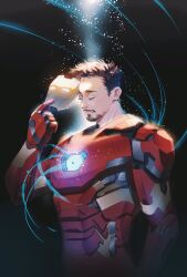 Rule 34 | 1boy, arc reactor, armor, avengers (series), black background, brown hair, closed eyes, closed mouth, facial hair, full armor, grey armor, hand up, highres, holding, holding mask, iron man, male focus, marvel, marvel cinematic universe, mask, multicolored armor, power armor, red armor, short hair, simple background, smile, solo, standing, superhero costume, tony stark, uniiii, yellow armor