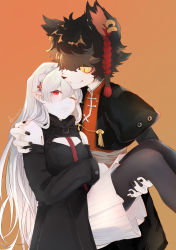 Rule 34 | 1boy, 1girl, aak (arknights), absurdres, albino, animal ears, arknights, asa moi, black hair, blush, carrying, cat boy, cat ears, chinese clothes, chinese commentary, commentary request, furry, highres, one eye closed, pointy ears, princess carry, red eyes, vampire, warfarin (arknights), white hair, yellow eyes