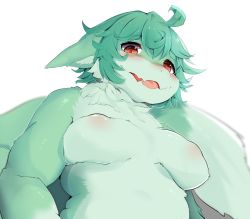 Rule 34 | 1girl, ahoge, blush, body fur, breasts, fangs, female focus, from below, furry, furry female, green fur, green hair, highres, kawazu tika, medium breasts, open mouth, original, plump, red eyes, simple background, solo, tail, upper body, white background