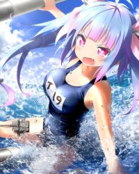 Rule 34 | + +, 10s, 1girl, blue hair, breasts, cleavage, fang, goribote, hair ribbon, highres, i-19 (kancolle), kantai collection, large breasts, long hair, one-piece swimsuit, open mouth, partially submerged, personification, red eyes, ribbon, school swimsuit, solo, swimsuit, symbol-shaped pupils, torpedo, twintails, water