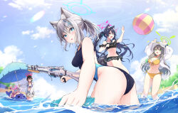 Rule 34 | 5girls, ahoge, animal ear fluff, animal ears, arm up, ass, ayane (blue archive), ayane (swimsuit) (blue archive), ball, beachball, bikini, black bikini, black hair, black one-piece swimsuit, blue archive, blue eyes, blue hair, blue halo, blue sky, blurry, blush, breasts, cat ears, closed eyes, closed mouth, cloud, commentary request, competition swimsuit, cross, cross hair ornament, day, depth of field, extra ears, eyewear on head, foreclosure task force (blue archive), frilled bikini, frills, glasses, green eyes, green halo, grey hair, grey jacket, gun, hair ornament, halo, halterneck, hat, highleg, highleg swimsuit, highres, holding, holding gun, holding umbrella, holding weapon, hoshino (blue archive), hoshino (swimsuit) (blue archive), inverted cross, jacket, jumping, lens flare, light brown hair, long hair, long sleeves, looking at viewer, looking back, low ponytail, medium breasts, mismatched pupils, morupeusu, multicolored clothes, multicolored swimsuit, multiple girls, nonomi (blue archive), nonomi (swimsuit) (blue archive), ocean, official alternate costume, one-piece swimsuit, open clothes, open jacket, open mouth, open shirt, outdoors, pink hair, pink halo, ponytail, red-framed eyewear, red eyes, red halo, serika (blue archive), serika (swimsuit) (blue archive), shiroko (blue archive), shiroko (swimsuit) (blue archive), shirt, short ponytail, side-tie bikini bottom, sky, smile, standing, sunglasses, swimsuit, twintails, two-tone swimsuit, umbrella, wading, water gun, weapon, white headwear, white shirt, wolf ears, yellow bikini