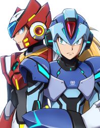 Rule 34 | 2boys, absurdres, android, armor, blonde hair, blue eyes, blue headwear, closed mouth, commentary request, english text, frown, green eyes, helmet, highres, hoshi mikan, long hair, looking at viewer, male focus, mega man (series), x (mega man), mega man x (series), multiple boys, official alternate costume, red headwear, redesign, serious, shoulder armor, simple background, upper body, white background, zero (mega man)