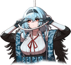 Rule 34 | &gt;:), 1girl, black gloves, camouflage, cheogtanbyeong, collar, collarbone, collared shirt, feathers, girls&#039; frontline, gloves, glowing, hair between eyes, hairband, highres, holding, holding rope, load bearing vest, long hair, long sleeves, neck ribbon, noose, off shoulder, red eyes, red ribbon, ribbon, rope, scar, scar on neck, shirt, silver hair, solo, sparkle, thunder (girls&#039; frontline), v, v over eye