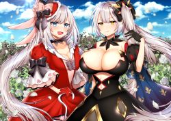 Rule 34 | 2girls, akira kaite, bare shoulders, black dress, blue eyes, blush, breasts, cleavage, dark persona, dress, dual persona, fate/grand order, fate (series), gloves, highres, large breasts, long hair, looking at viewer, marie antoinette (alter) (fate), marie antoinette (fate), marie antoinette (fgo x takarazuka kinen) (fate), medium breasts, multiple girls, official alternate costume, open mouth, red dress, silver hair, smile, very long hair, yellow eyes