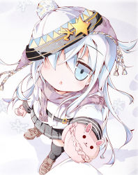 Rule 34 | 10s, 1girl, :o, black thighhighs, blue eyes, blue hair, from above, gloves, hair over one eye, hammer and sickle, hat, hibiki (kancolle), kantai collection, long hair, looking at viewer, matching hair/eyes, mittens, pink gloves, pink mittens, scarf, simple background, solo, star (symbol), thighhighs, verniy (kancolle), white background, yamaguchi shinnosuke