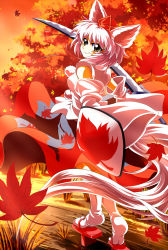 Rule 34 | 1girl, aji082, animal ears, autumn leaves, detached sleeves, female focus, forest, hat, highres, inubashiri momiji, leaf, looking back, maple leaf, nature, red eyes, shield, shirt, short hair, silver hair, skirt, smirk, solo, sword, tail, touhou, weapon, wolf ears, wolf tail, yellow eyes