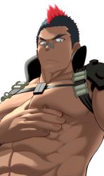 Rule 34 | 1boy, abs, absurdres, bandaid, bandaid on face, bandaid on nose, bara, black hair, chest harness, grabbing, harness, highres, kill la kill, kinagase tsumugu, large pectorals, male focus, mohawk, multicolored hair, muscular, nipples, pectoral grab, pectorals, grabbing own breast, short hair, solo, takejirog, topless male, two-tone hair, upper body, white background