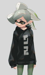 Rule 34 | 1girl, alternate costume, arms at sides, brown eyes, closed mouth, cowboy shot, cross-shaped pupils, gradient hair, green hair, green pantyhose, grey hair, highres, hood, hood down, inkling, legs apart, long sleeves, looking to the side, marie (splatoon), multicolored hair, nintendo, pantyhose, pointy ears, puchiman, short hair, sleeves past wrists, smile, solo, splatoon (series), suction cups, symbol-shaped pupils, tentacle hair, two-tone hair