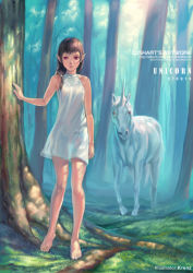 Rule 34 | 1girl, bare shoulders, barefoot, brown hair, dress, krenz, legs, long hair, original, pointy ears, red eyes, see-through, solo, unicorn, you gonna get raped