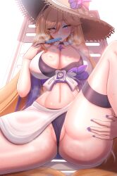 Rule 34 | 1girl, absurdres, bare shoulders, bianka durandal ataegina, bikini, blonde hair, blue eyes, blush, breasts, chair, cleavage, earrings, food, hair between eyes, hat, highres, holding, holding food, holding popsicle, honkai (series), honkai impact 3rd, jewelry, large breasts, laxiusart, long hair, looking at viewer, lounge chair, navel, partially visible vulva, popsicle, sitting, solo, spread legs, stomach, sun hat, sweat, swimsuit, thigh strap, thighs, very long hair
