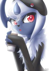 Rule 34 | 1girl, :3, absol, artist name, beret, black hat, black shirt, choker, creatures (company), cup, drink, female focus, furry, furry female, game freak, gen 3 pokemon, hands up, hat, horns, long sleeves, looking at viewer, looking to the side, nintendo, open mouth, own hands together, poke ball theme, pokemon, pokemon (creature), pokemon rse, red eyes, rilex lenov, shirt, simple background, smile, solo, steam, text focus, thermos, upper body, watermark, white background, white hair