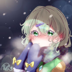 Rule 34 | 1girl, 72mikan 1687, blouse, blue scarf, blush, bow, breath, buttons, commentary request, diamond button, enpera, expressionless, green eyes, green scarf, hair between eyes, hair ornament, hairclip, highres, komeiji koishi, light green hair, looking at viewer, medium hair, mittens, no headwear, open mouth, scarf, shirt, snowing, solo, touhou, upper body, wavy hair, winter clothes, yellow bow, yellow shirt