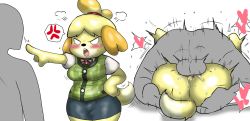 Rule 34 | 1boy, 1girl, :o, angry, animal crossing, animal ears, blush, breasts, colored skin, enigi09, furry, furry female, grey skin, heart, highres, instant loss, isabelle (animal crossing), legs up, looking at viewer, lying, mating press, medium breasts, nintendo, open mouth, penis, ponytail, sex, simple background, speech bubble, testicles, vaginal, white background